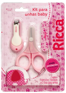 Kit Manicure Ricca Baby Colors Cortador De Unha Tesoura C/ Ponta Arredondada E 2 Lixas Rosa