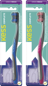 Escova Dental Kess Complete Média Limpador Língua Capa Protetora Cabo Grip Borracha Cores Sortidas