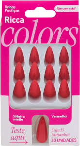 Unhas Postiças Ricca Stiletto Uso C/ Cola Media Vermelha 30 Unidades Ref 2877