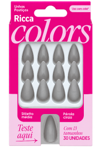Unhas Postiças Ricca Stiletto Uso C/ Cola Media Perola Cinza 30 Unidades Ref 2883