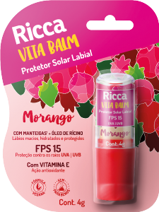 Protetor Solar Labial Ricca Vita Balm Fps 15 C/ Vitamina E Morango Ref 3788