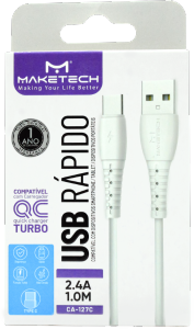 Cabo Usb Tipo - C Em Borracha Ca-127c 1m Branco Maketech Ref 552439