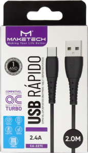 Cabo Usb Tipo - C Em Borracha Ca-227c 2m Preto Maketech Ref 552613