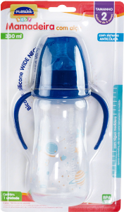 Mamadeira C/ Alça Plasutil Wide Neck 02 Menino Azul 330ml R 16962